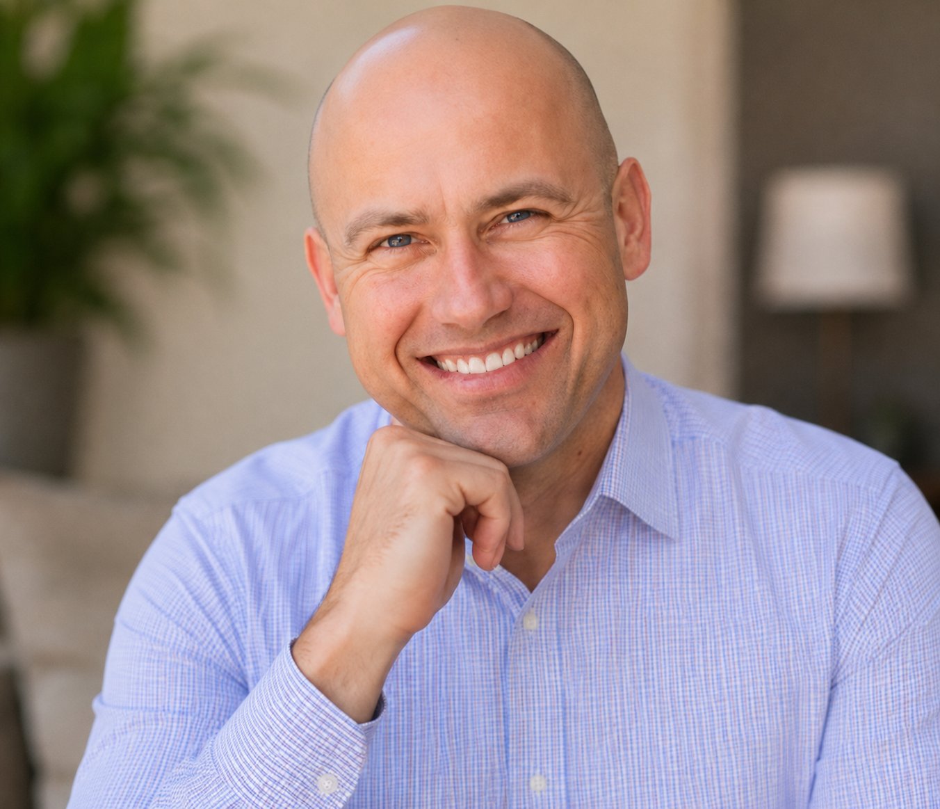 Robert Clark smiling warmly, chin resting on his hand, in his counseling office
